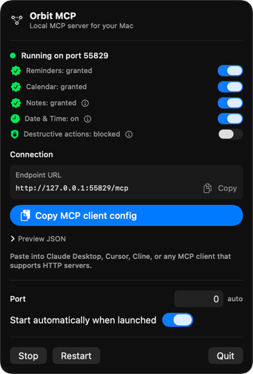 Orbit MCP menu bar app preview